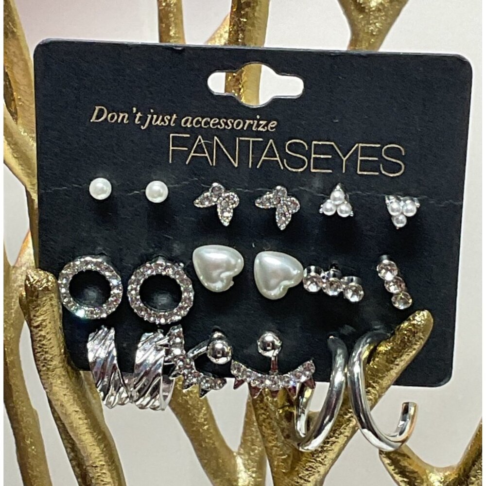 9-Pair Elegant Stud & Hoop Earring Set For Women Mixed Styles With Rhinestones F